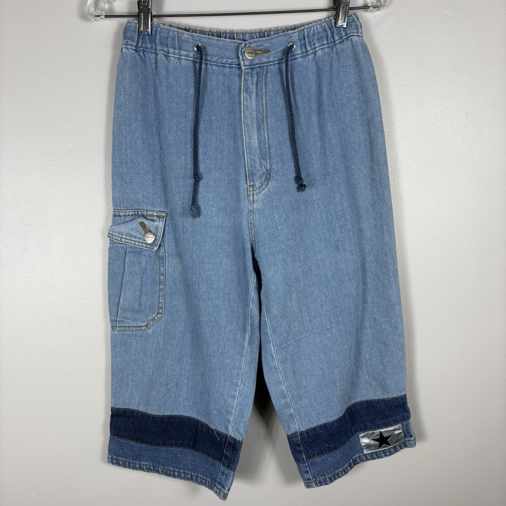 Star Blue Women's Small Elastic Waist Cargo Pocket Drawstring‎ Denim Capri Pants